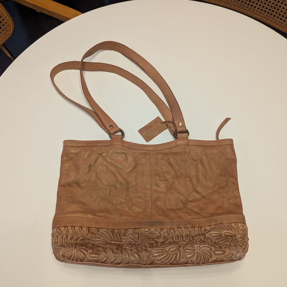 Anabaglish Vera Leather Tan Tote Floral Tooled Studs Bohemian Handbag - Picture 3 of 16